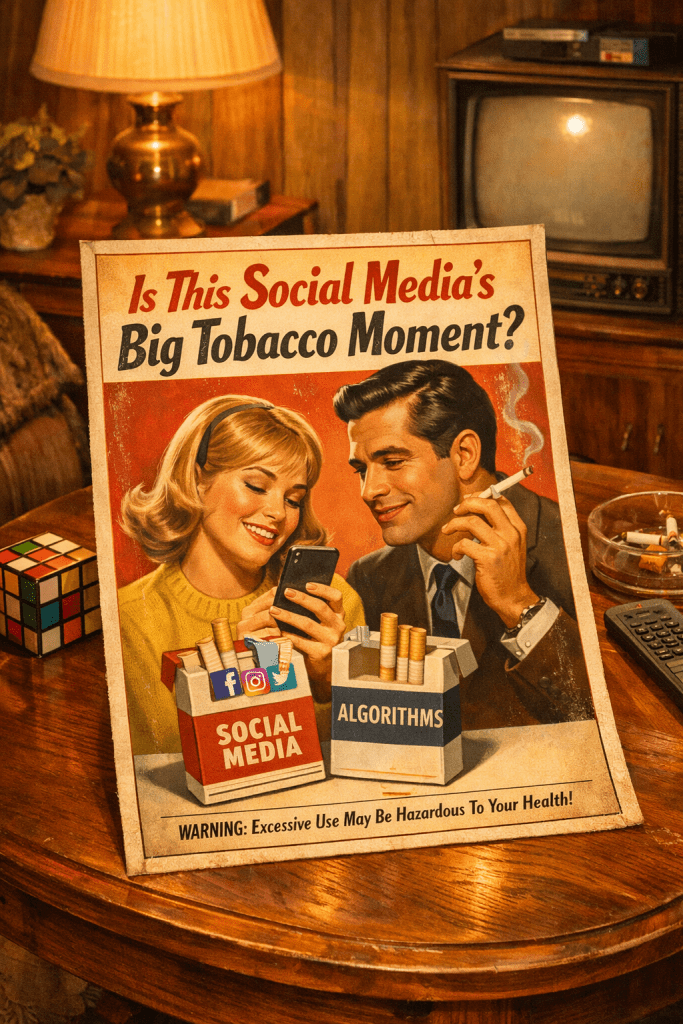 ,is social media addictive like cigarettes, what did Zuckerberg say in court 2026, how is social media similar to tobacco companies, why is social media bad for teenagers, what is the social media addiction trial, social media parallels to Big Tobacco, what happened in the Meta children lawsuit, surgeon general warning social media, how does social media affect teen mental health, what is the kids online safety act
Data and research terms:
teen screen time statistics, social media depression risk, surgeon general social media advisory, social media anxiety data, 4.8 hours teen social media use, tobacco master settlement agreement, 1998 MSA social media comparison, adolescent mental health social media research